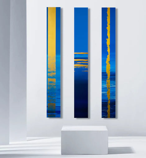 dallanges_gallerie_totems_rectangles art contemporary vertical wall art happiness blue and yellow triptych