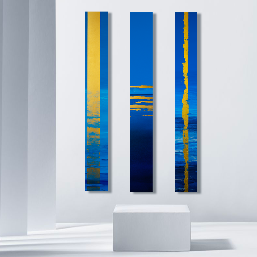dallanges-contemporary-art-vertical_wall_art_totem-gold-stripes_blue_and_yellow_triptych interior