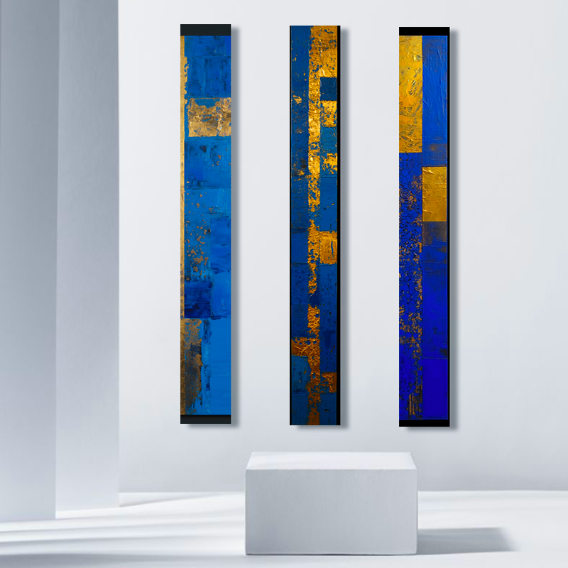 dallanges_gallerie_totems_rectangles art contemporary vertical wall art elegance art deco vertical art interior blue triptych